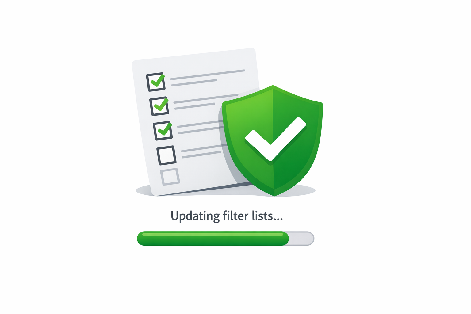 A shield icon downloading a checklist, progress bar filling with updates.