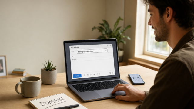 Man in profile typing on a laptop that shows a new email draft on screen, at a wooden desk with a mug and plant nearby. - how-to-create-your-own-personalized-domain-email-address-for-free-featured