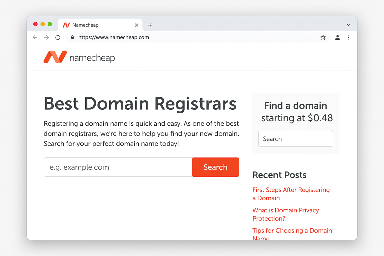 Namecheap homepage with domain search bar prominently displayed
