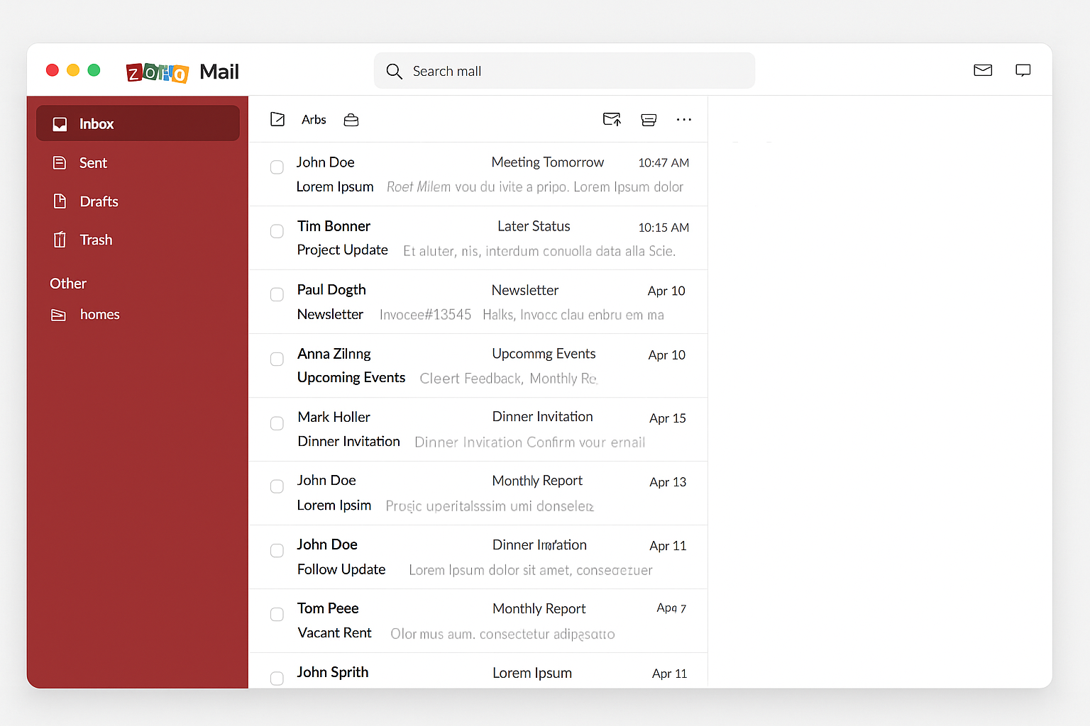 Zoho Mail interface showing inbox and compose options