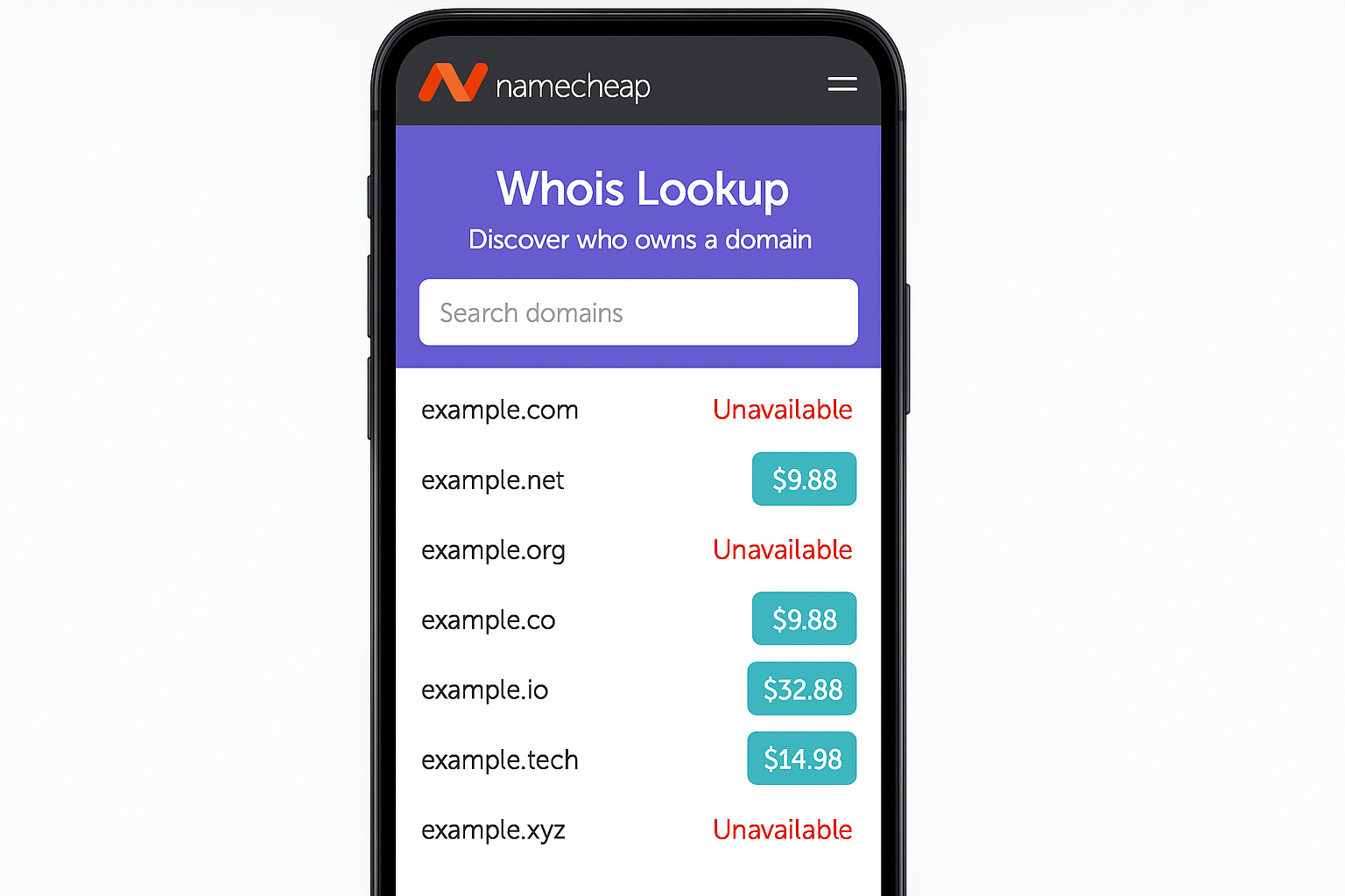 Namecheap search results showing available and unavailable domains for a sample search term