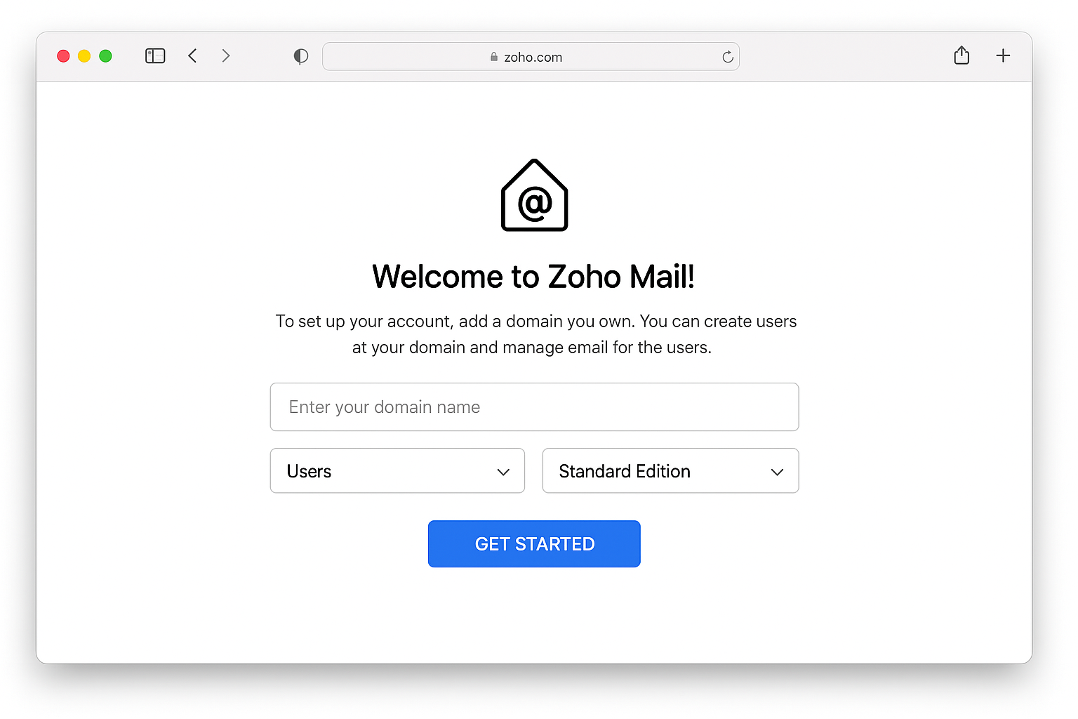 Zoho Mail domain setup page with domain input field