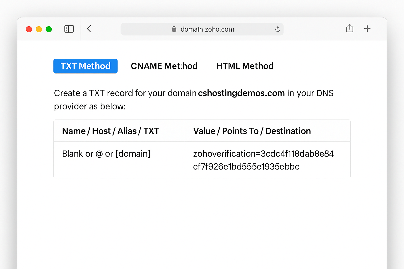 Zoho domain verification page showing TXT record that needs to be added