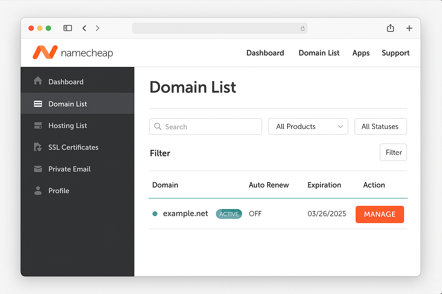Namecheap domain dashboard with Manage button highlighted