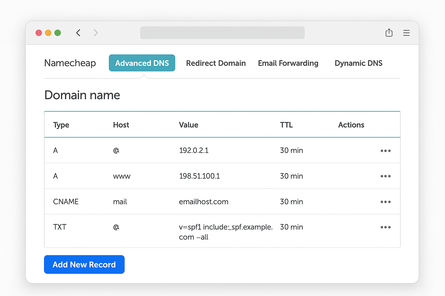 Namecheap Advanced DNS page with Add New Record button
