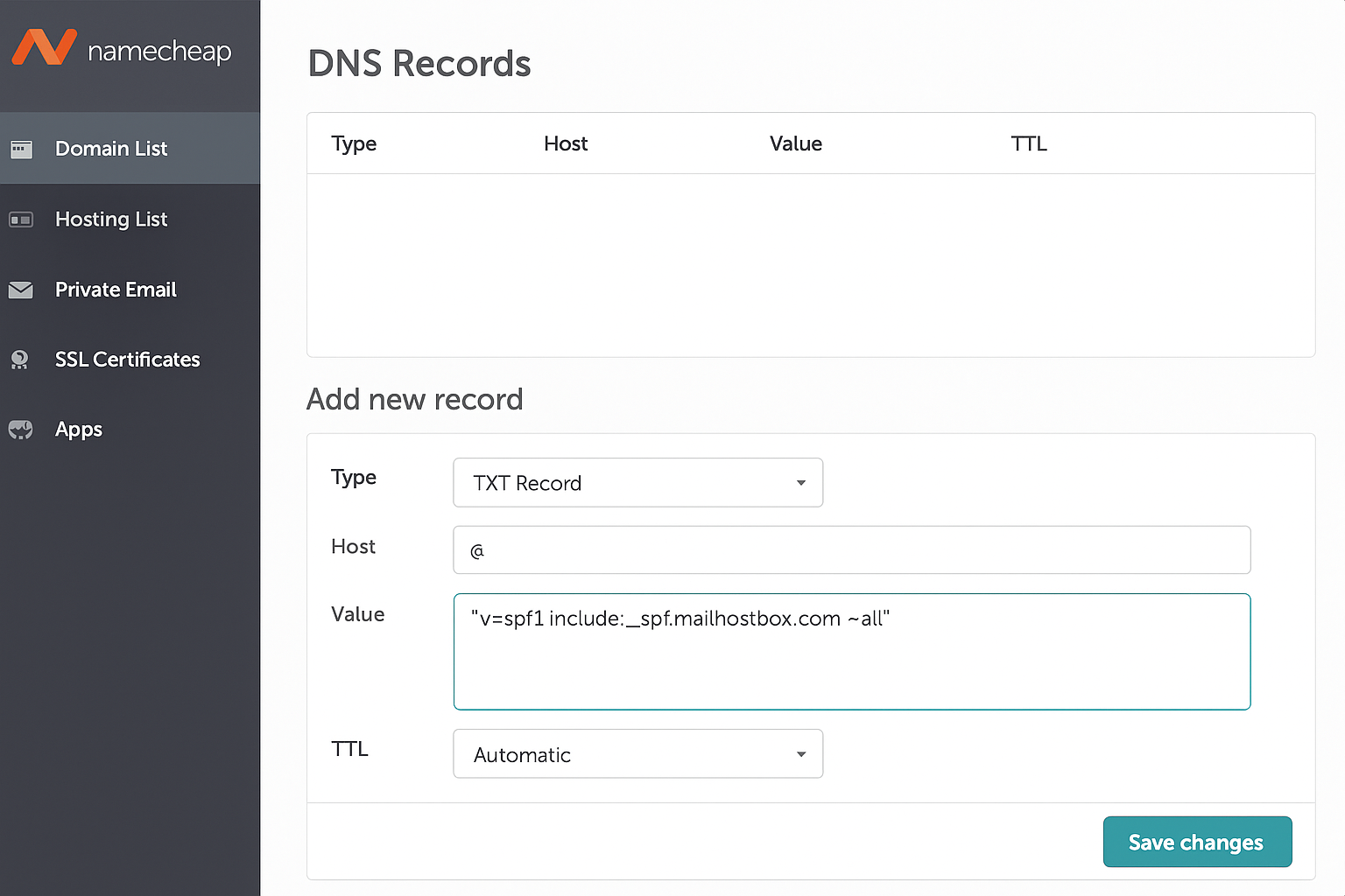 Namecheap TXT record creation form with fields filled out