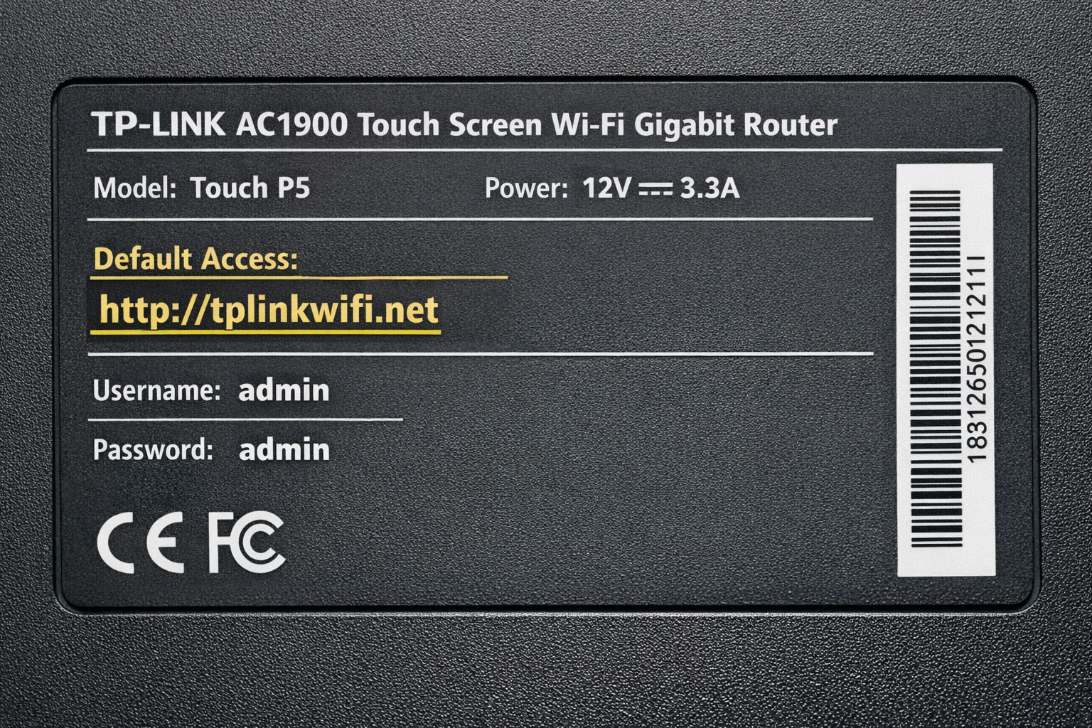 Router label showing default login credentials, IP address, and Wi-Fi information