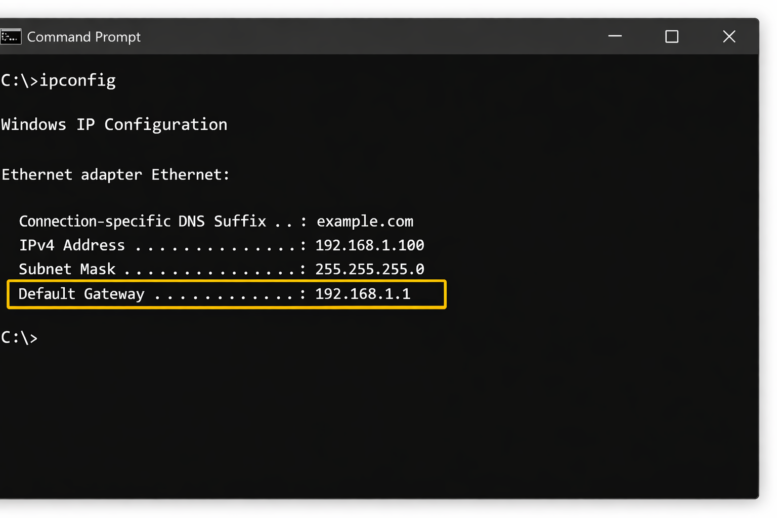 Windows Command Prompt showing ipconfig results with Default Gateway highlighted