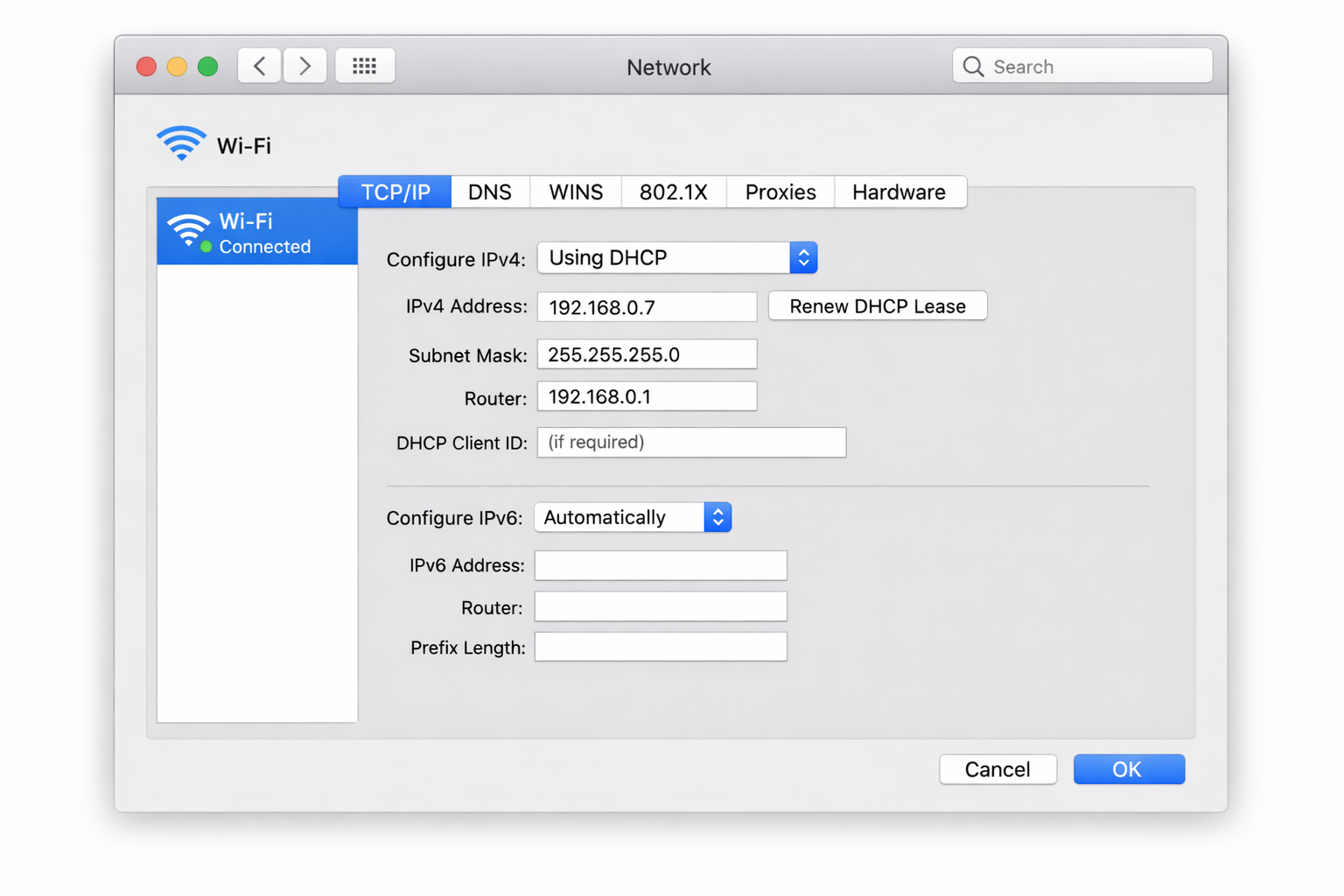 macOS System Settings Network page showing TCP/IP tab with Router IP address