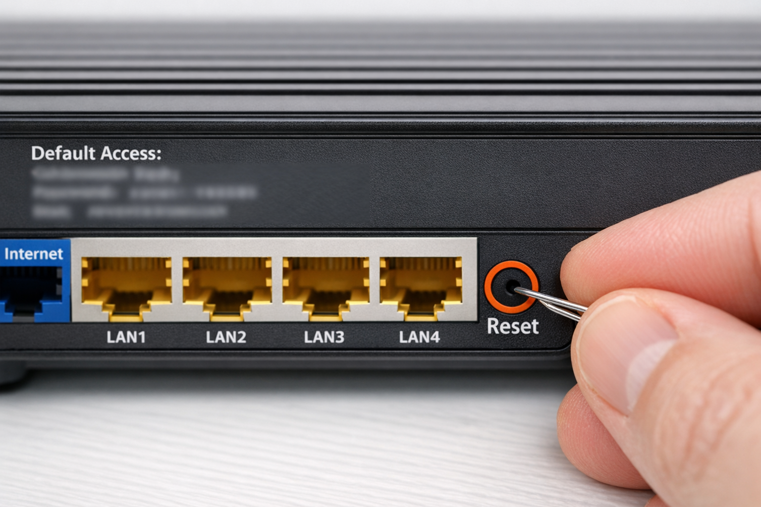 Close-up of router reset button being pressed with a paperclip