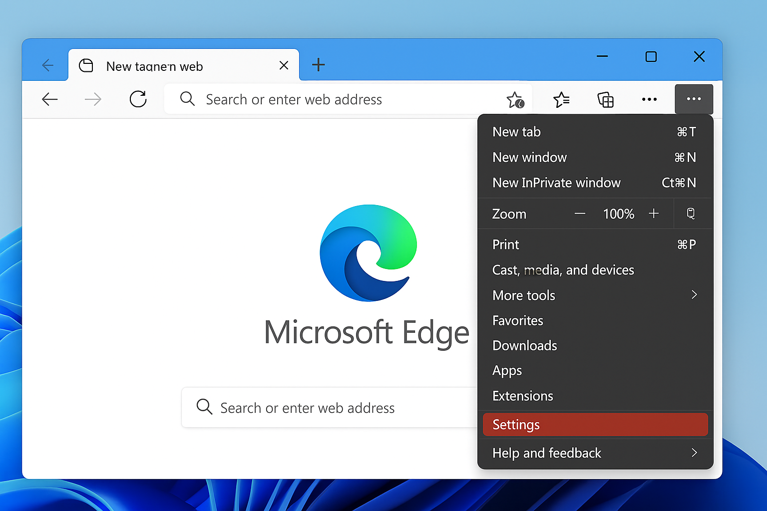 Microsoft Edge three-dot menu with Settings option highlighted
