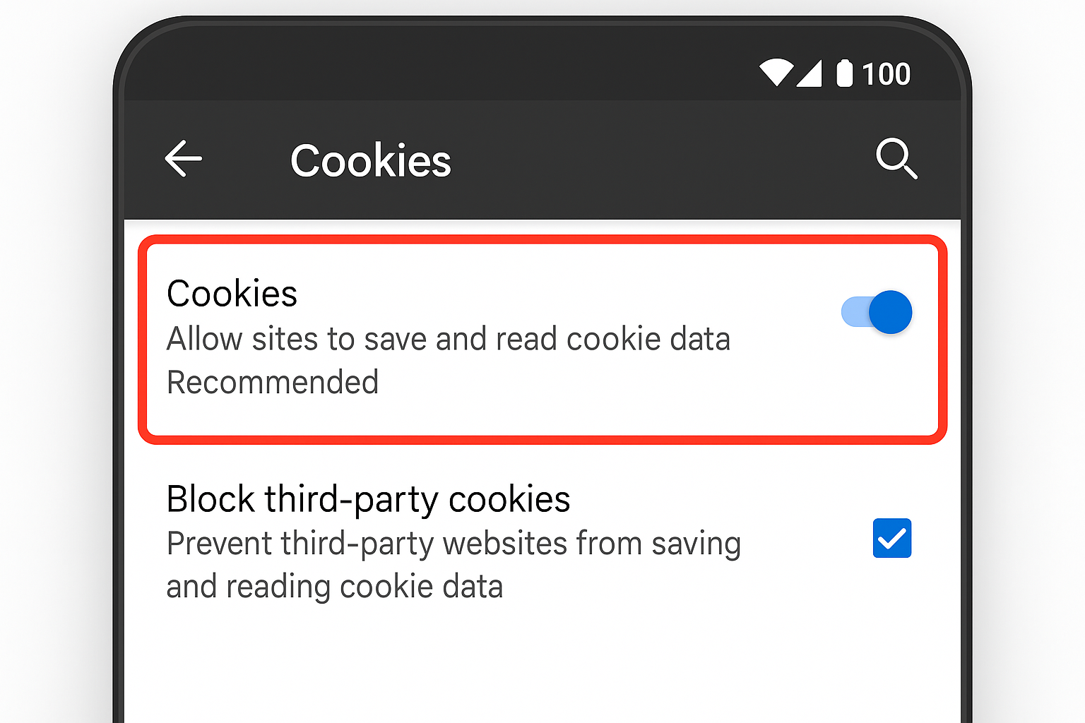 Edge mobile app Settings menu with Cookies option highlighted