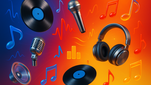 Music-themed collage with vinyl records, a microphone, headphones, speaker and colorful musical notes on a blue-to-orange gradient background. - how-to-find-the-name-or-title-of-a-song-by-lyrics-featured