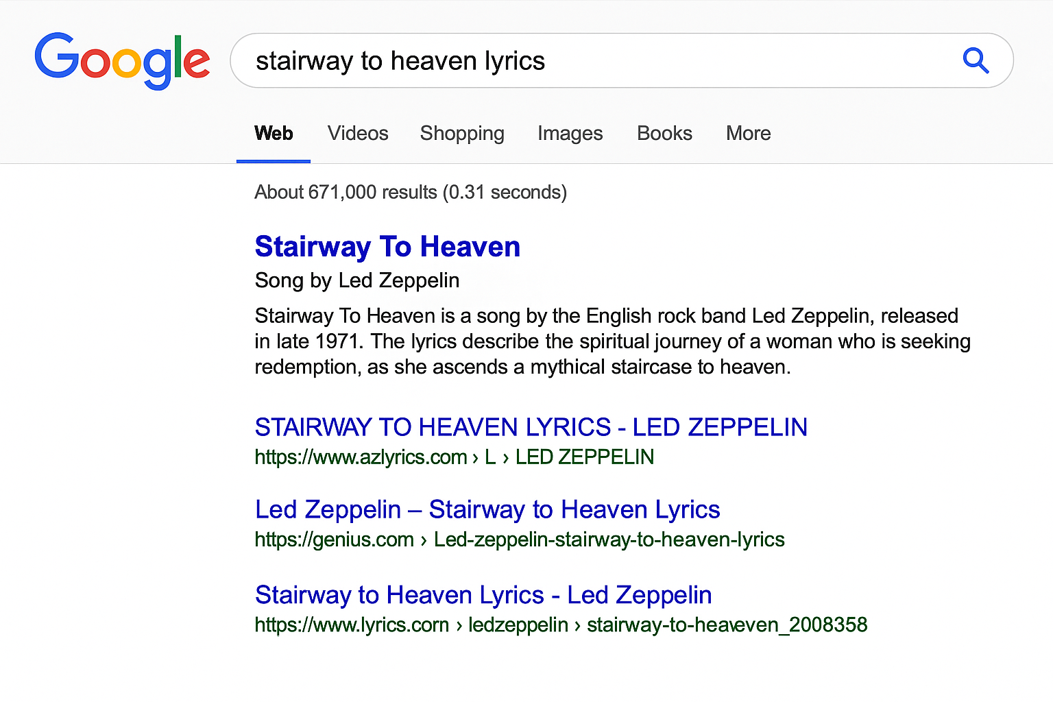 Google search results for song lyrics showing Genius and AZLyrics results with song title and artist clearly visible