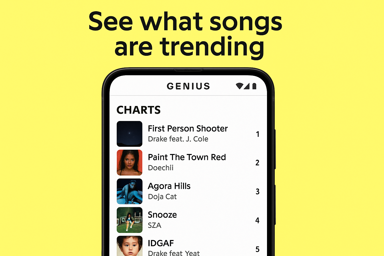 Genius app search results showing trending songs and lyric matches