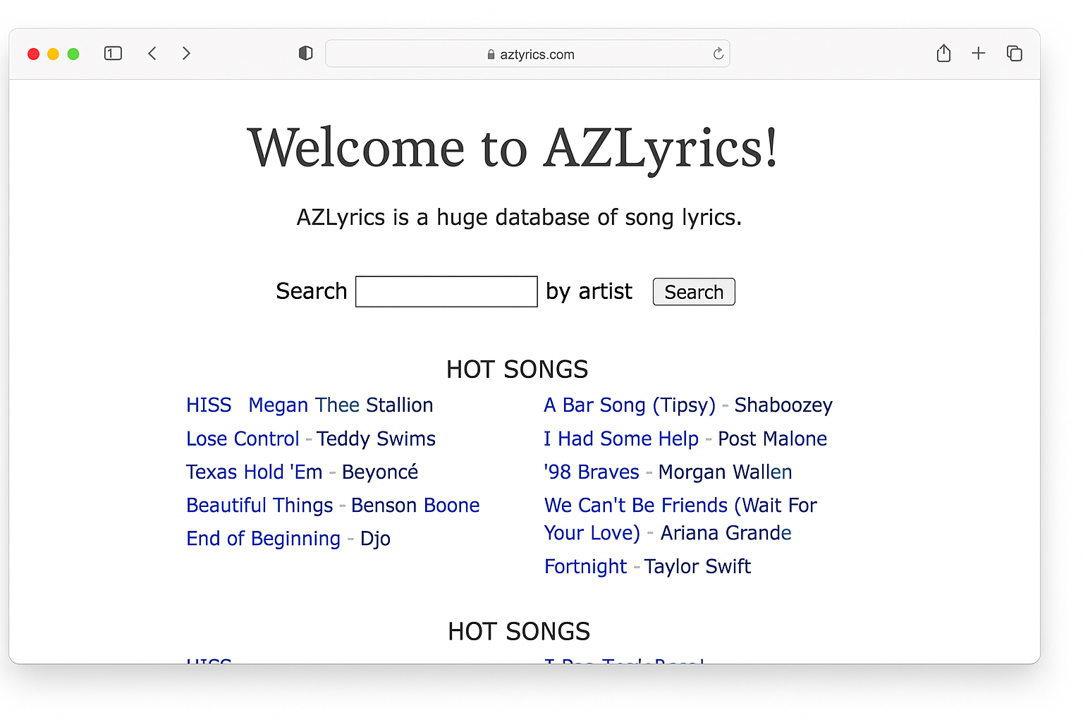 AZLyrics search results page showing clean interface with song matches