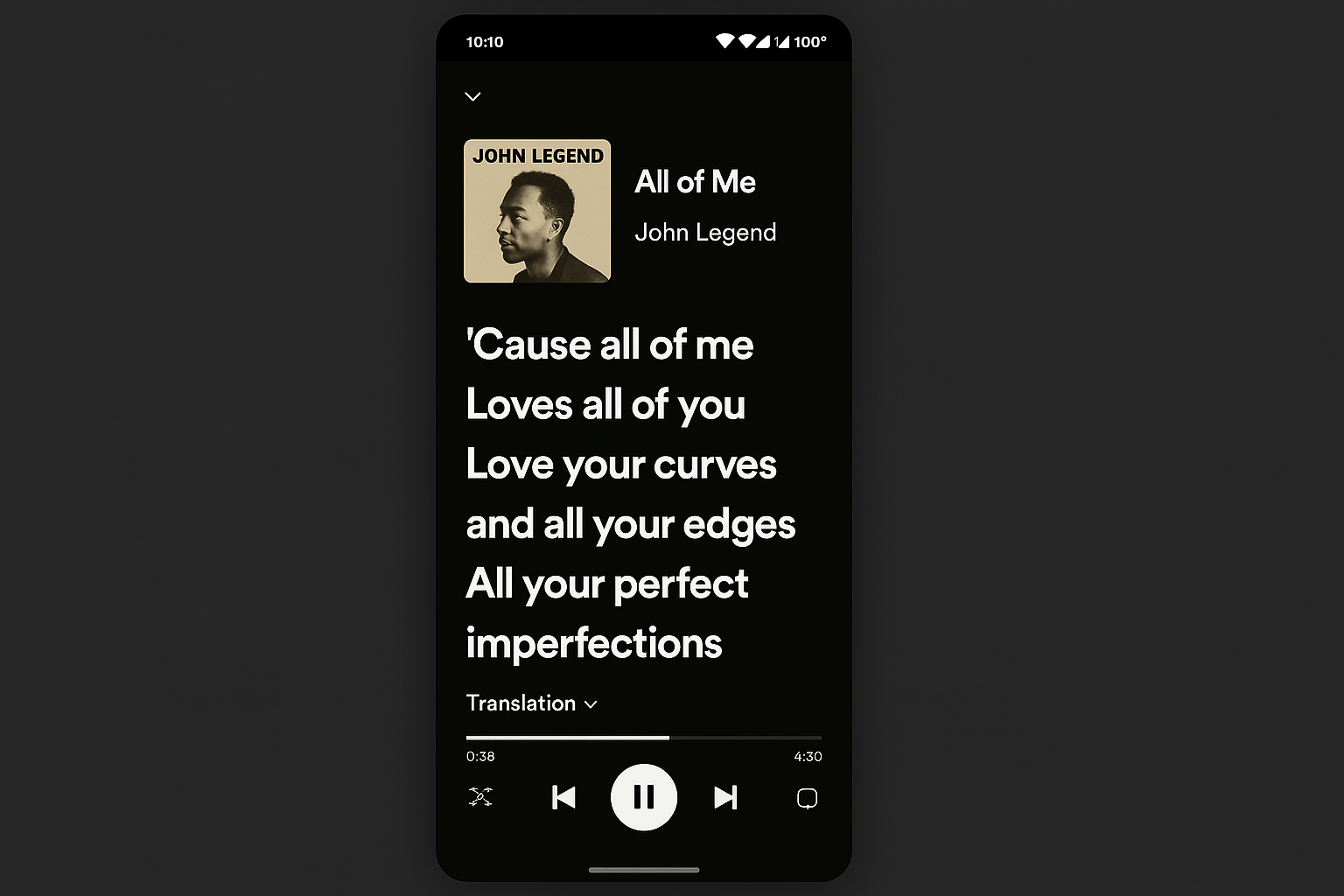 Spotify app showing synced lyrics display with translation dropdown option