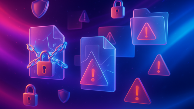 Neon security icons floating in blue and purple: padlocks, a chained lock, warning triangles, and folders representing data protection. - how-to-fix-access-is-denied-file-may-be-in-use-or-sharing-violation-errors-in-windows-featured