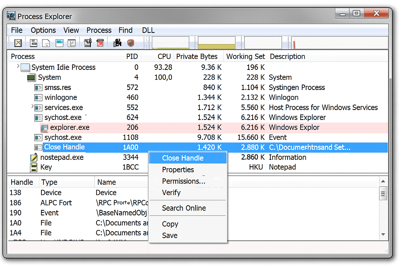 Process Explorer with file handle highlighted and Close Handle option in context menu