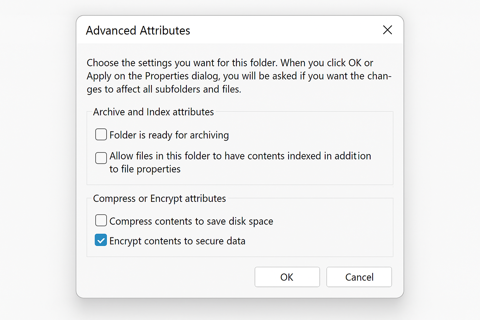 Windows 11 Advanced Attributes dialog showing Encrypt contents checkbox