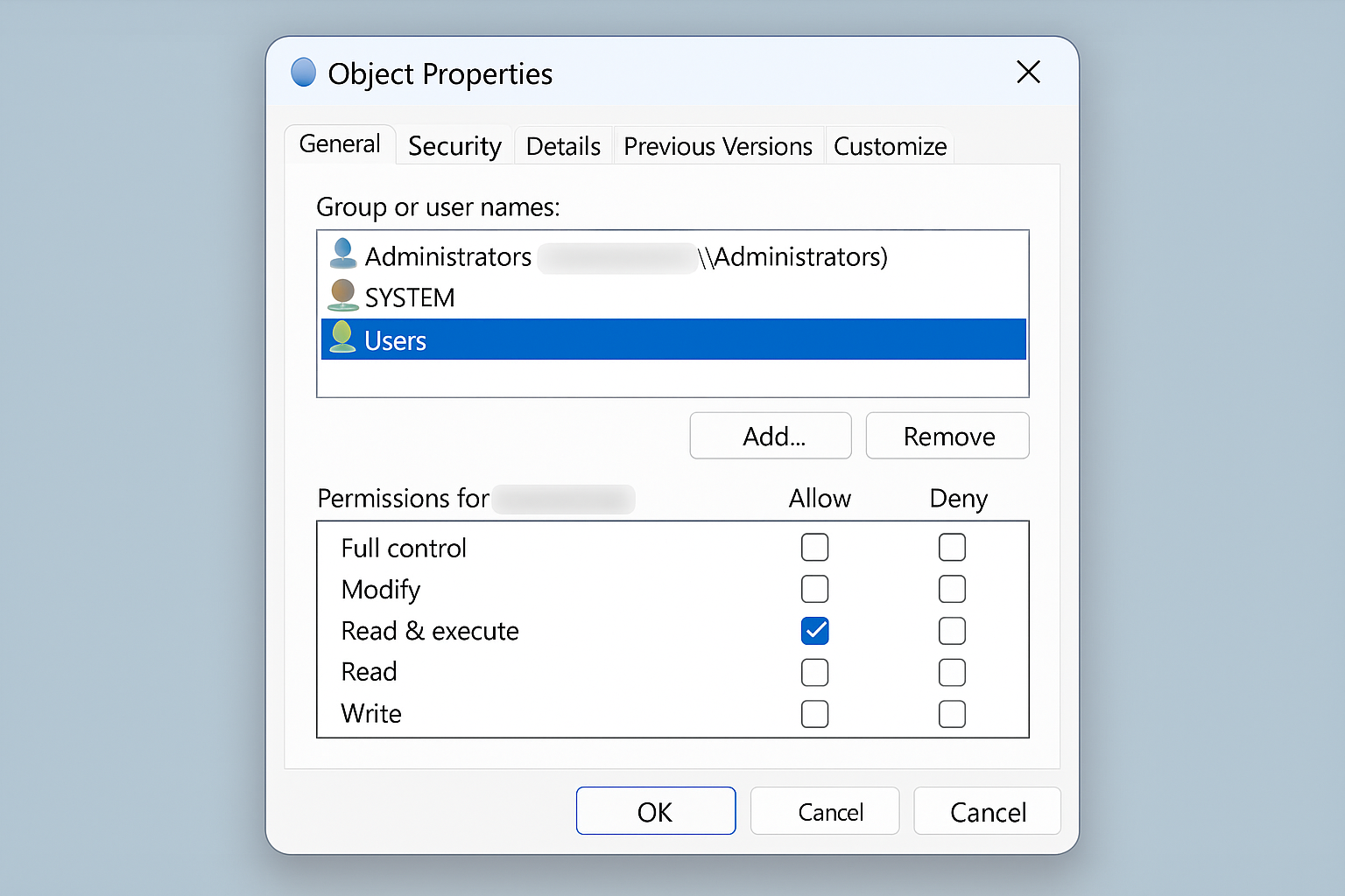 Windows 11 file properties dialog with Security tab selected
