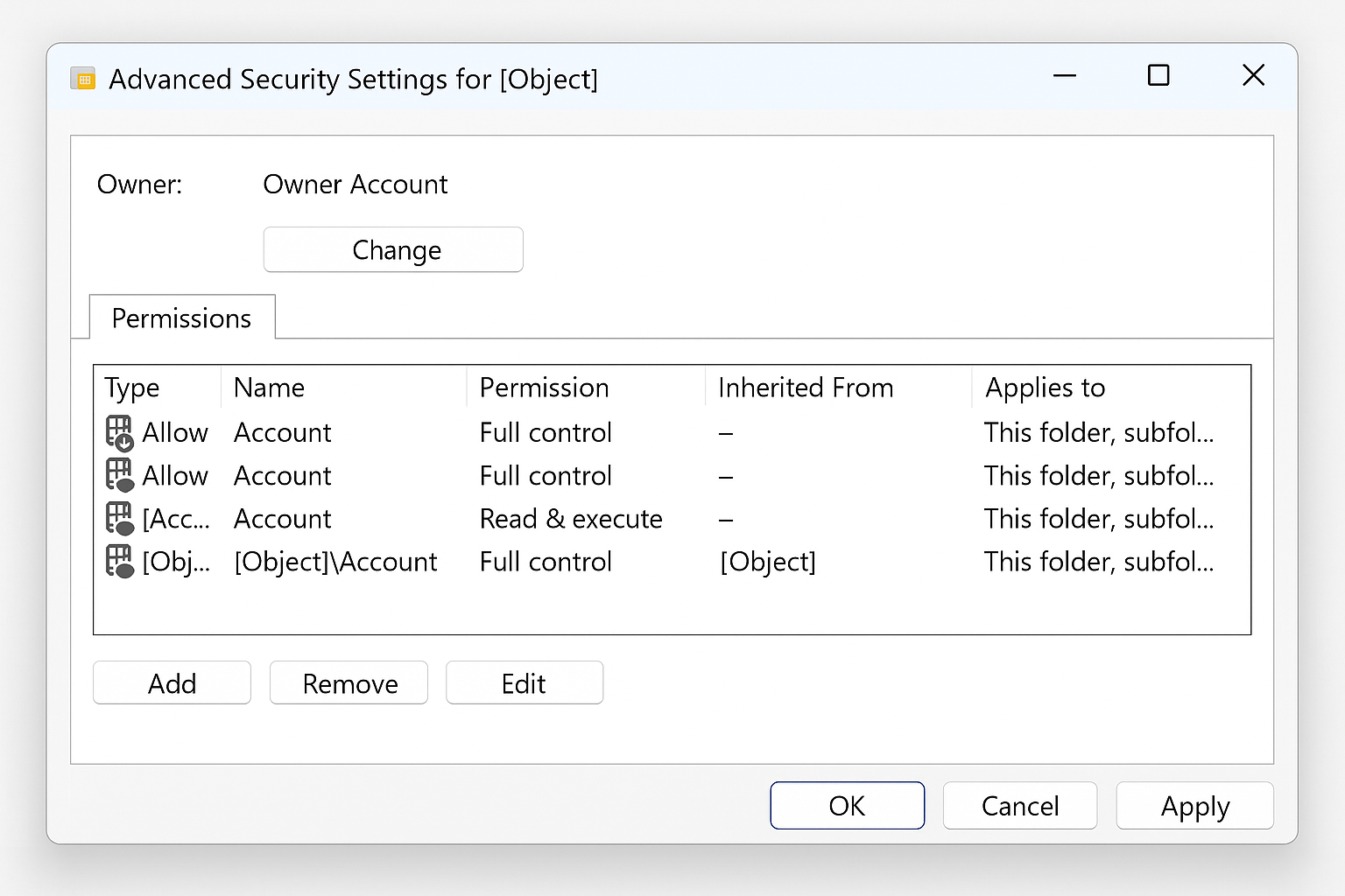 Windows 11 Advanced Security Settings dialog with owner information visible