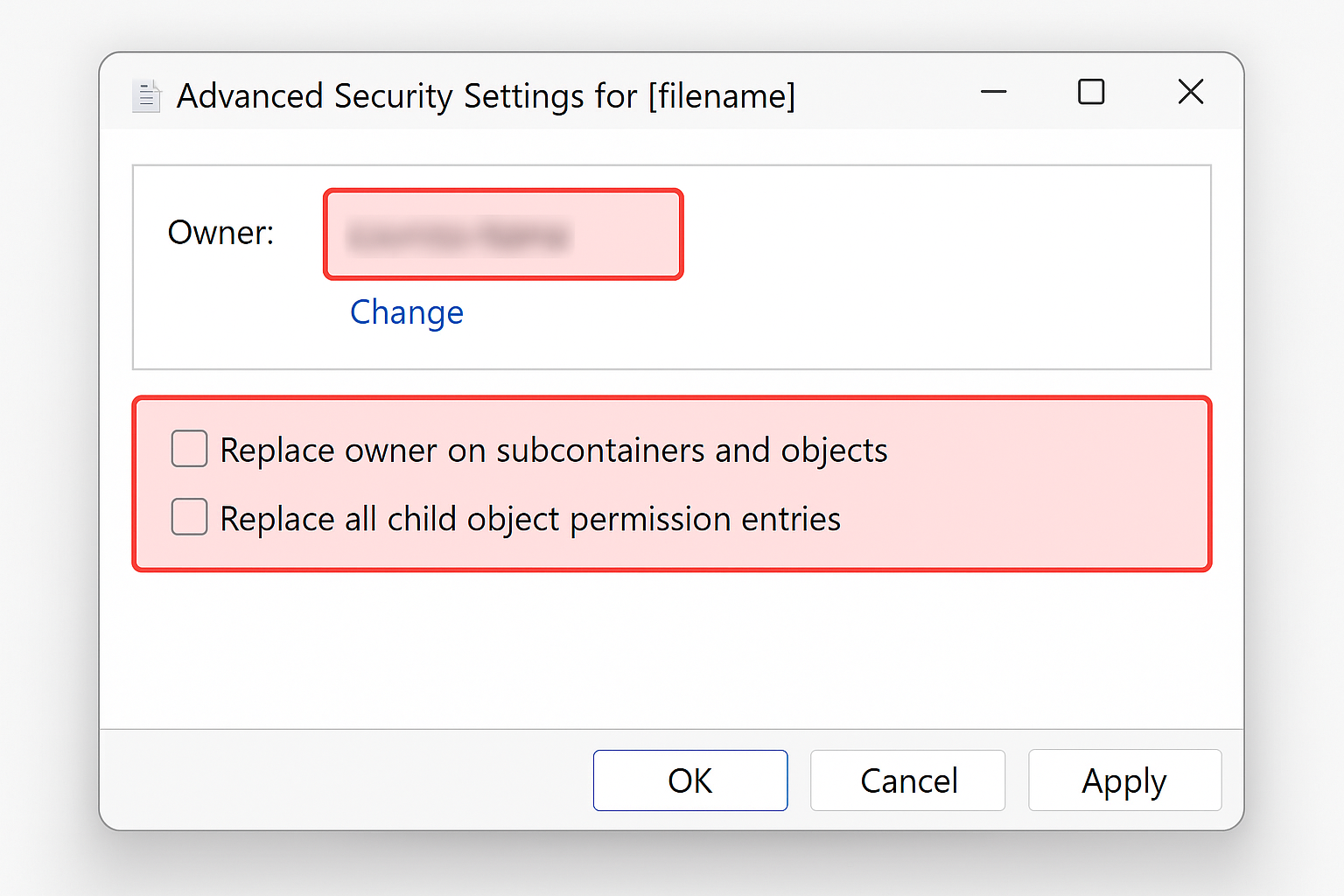 Windows 11 ownership change dialog with replace permissions confirmation