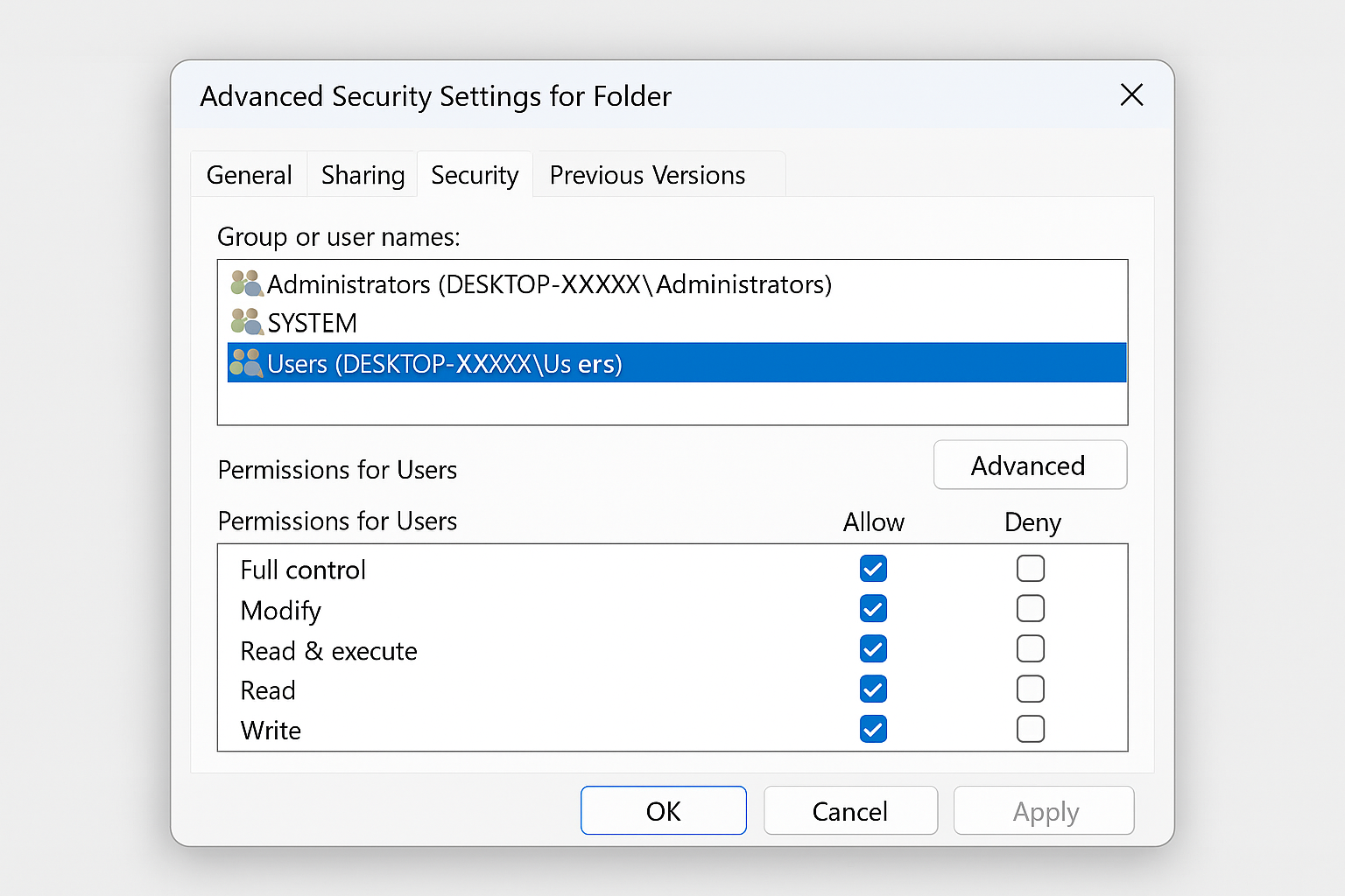 Windows 11 Security tab showing user account with permissions after ownership change