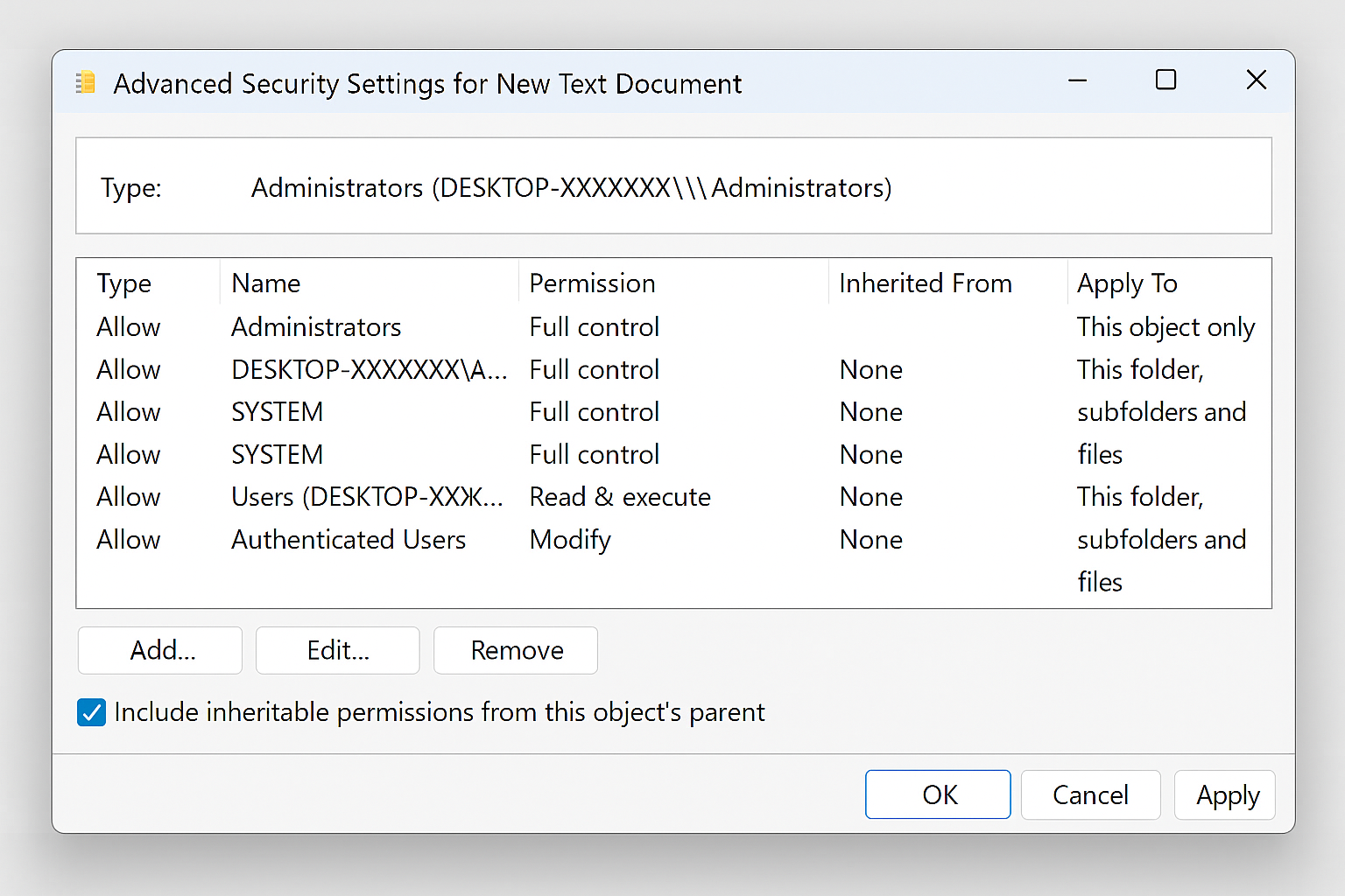 Windows 11 permission entries dialog with inheritable permissions checkbox
