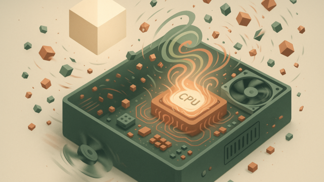 Abstract illustration of a CPU emitting orange heat inside a computer case, with swirling energy and floating cubes around it. - how-to-fix-svchostexe-errors-and-problems-with-high-cpu-usage-featured
