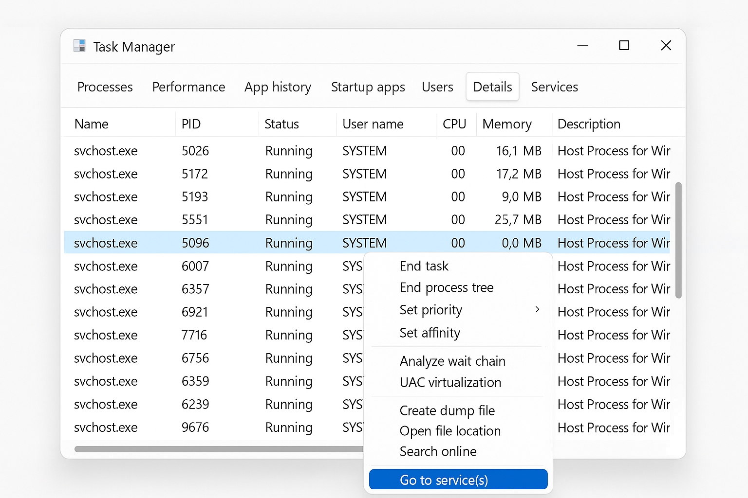 Windows 11 Task Manager Details tab showing svchost.exe processes sorted by CPU usage with right-click context menu showing