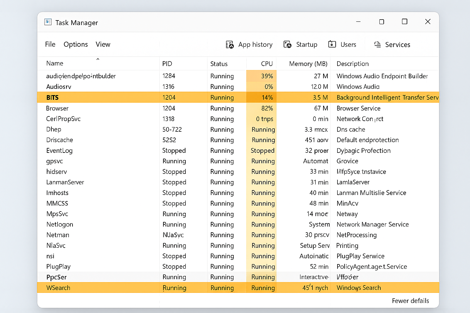 Windows 11 Task Manager Services tab with highlighted services that were causing high CPU usage in svchost.exe