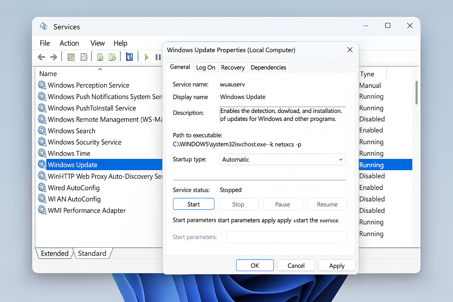 Windows 11 Services window showing Windows Update service properties dialog with Stop and Start buttons