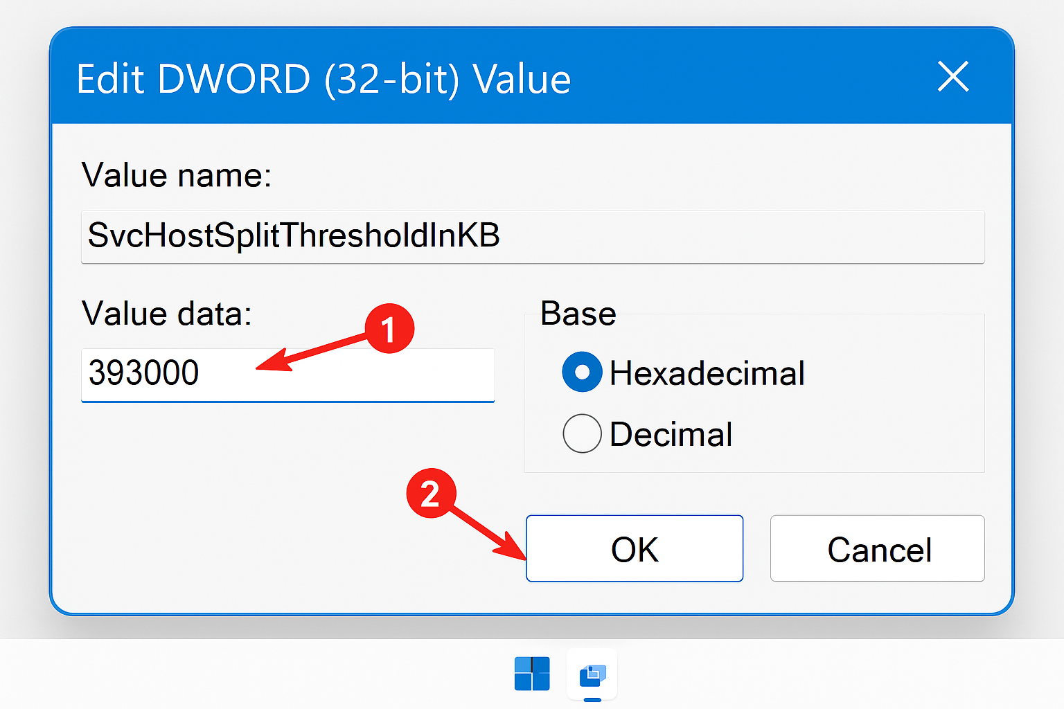 Windows Registry Editor showing the Control key with SvcHostSplitThresholdInKB DWORD value being created
