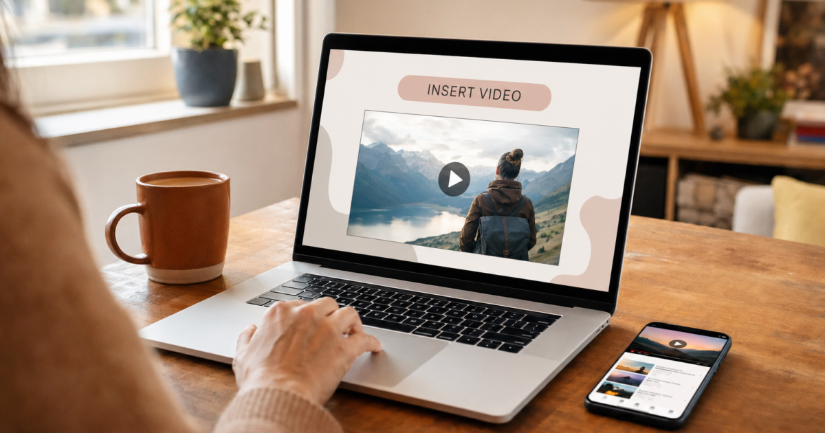 Person sits at a wooden table using a laptop; screen shows a 'Insert Video' placeholder over a mountain video thumbnail, with a mug nearby. - how-to-insert-a-youtube-video-into-a-powerpoint-presentation-featured