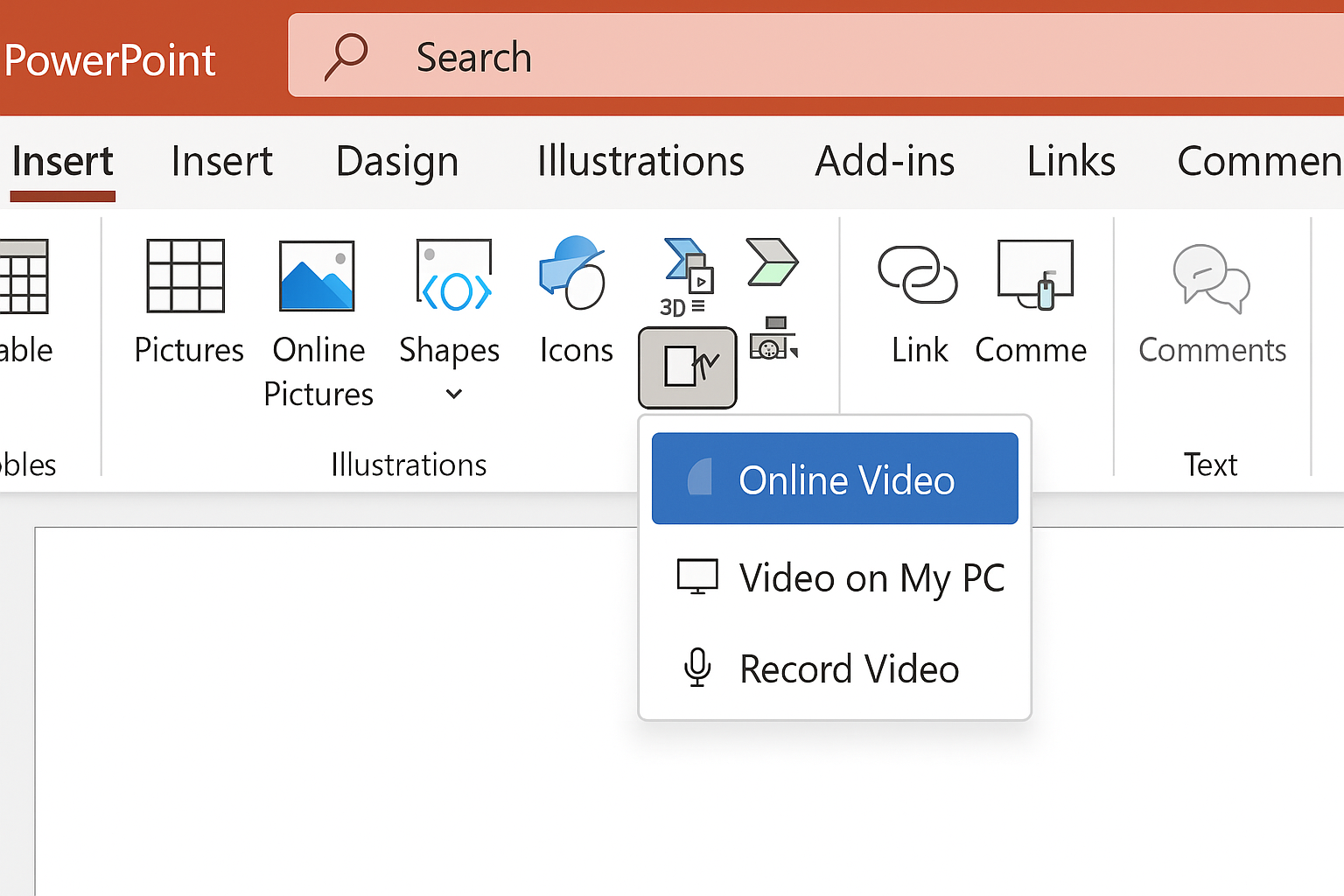 PowerPoint Insert tab with Video dropdown menu showing Online Video option highlighted