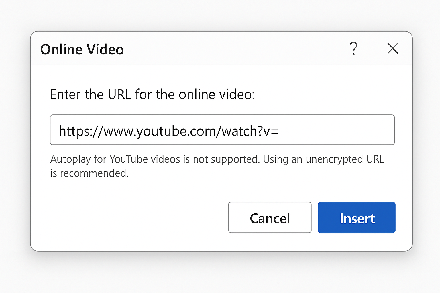 PowerPoint Online Video dialog box with YouTube URL pasted in the search field