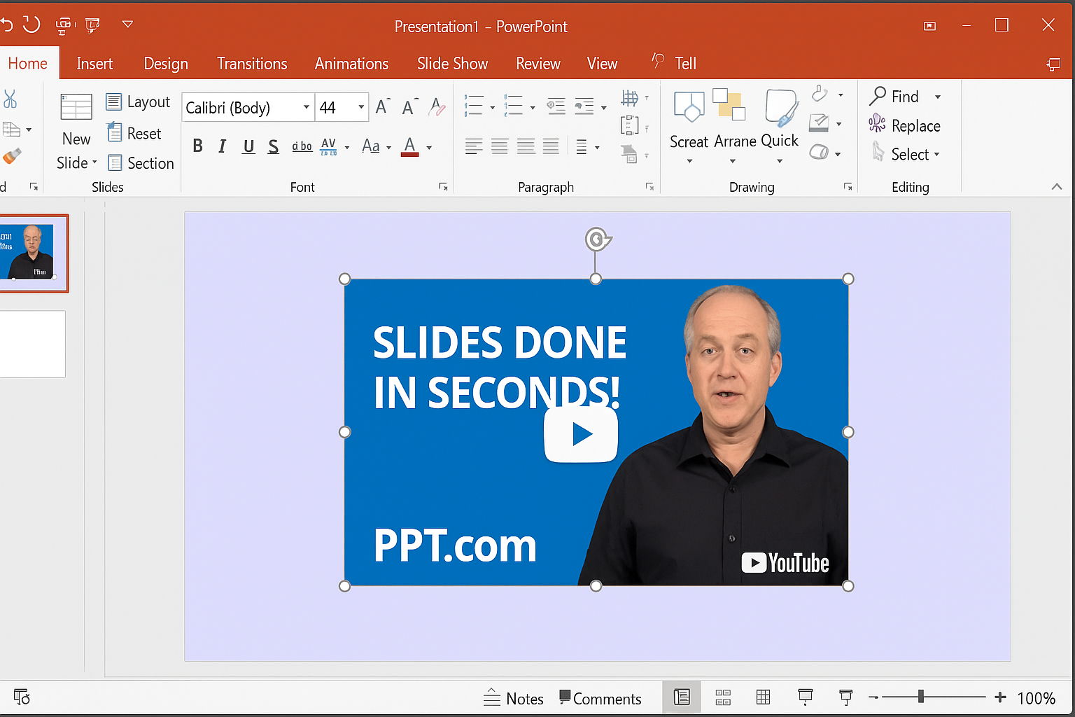 PowerPoint slide with embedded YouTube video showing resize handles and positioning options