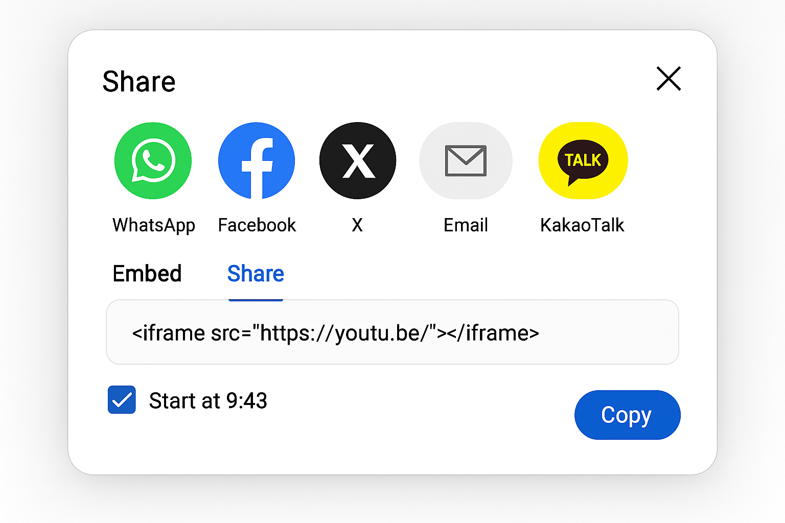 YouTube Share dialog showing Embed tab with iframe code and Start at checkbox option