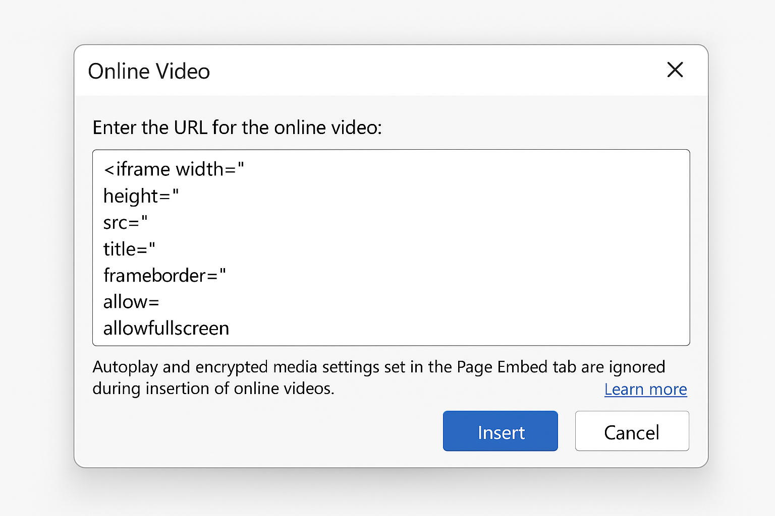 PowerPoint Online Video dialog showing embed code input field with iframe code pasted