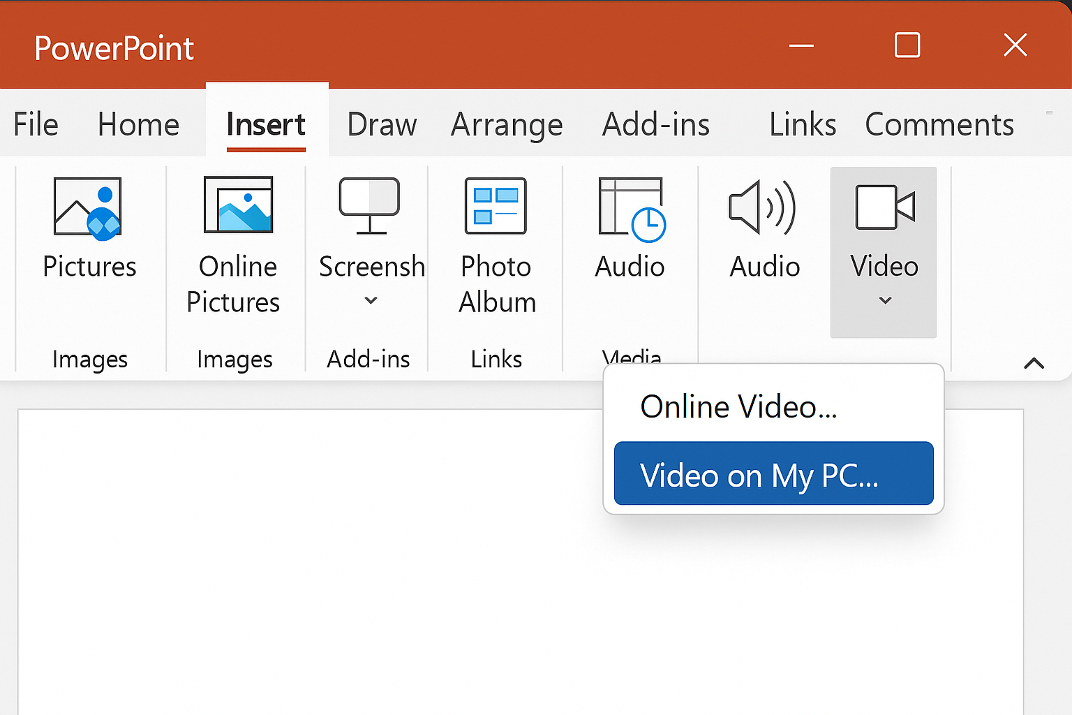 PowerPoint Insert Video menu showing Video on My PC option for local file insertion