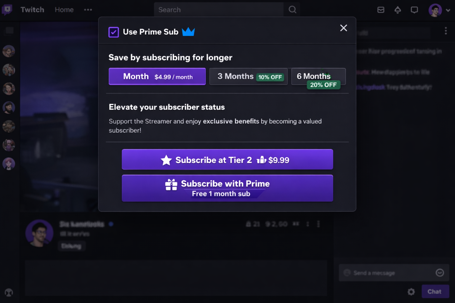 Twitch channel page showing the Subscribe button with the Prime crown icon visible, indicating the Prime subscription option is available