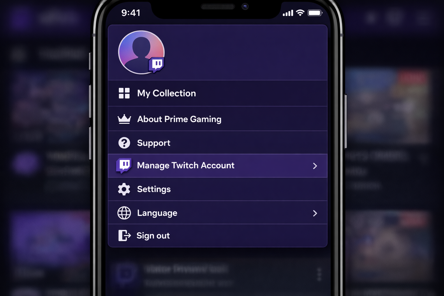 Twitch iOS app Settings screen showing account options including the Prime Gaming connection option
