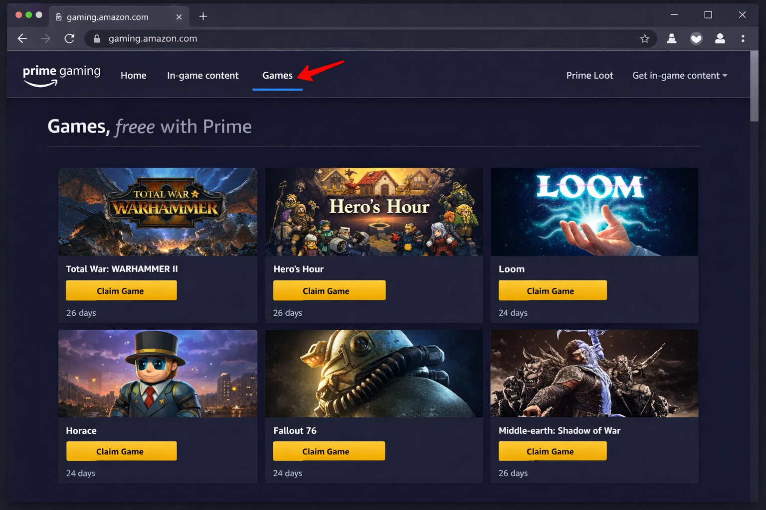 Prime Gaming portal Games section showing the current rotating selection of free claimable games with Claim buttons and expiration dates visible