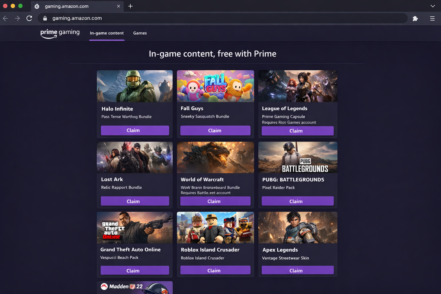 Prime Gaming portal Loot section showing available in-game drop bundles across multiple game titles with Claim buttons and any third-party account linking requirements visible