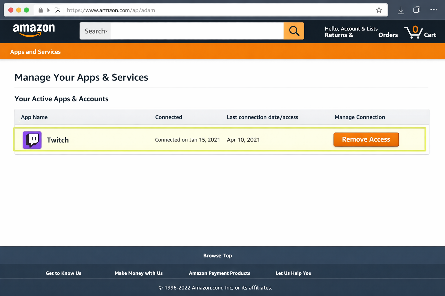 Amazon account Apps and Services page with the Twitch entry highlighted and the Remove or Disconnect option visible