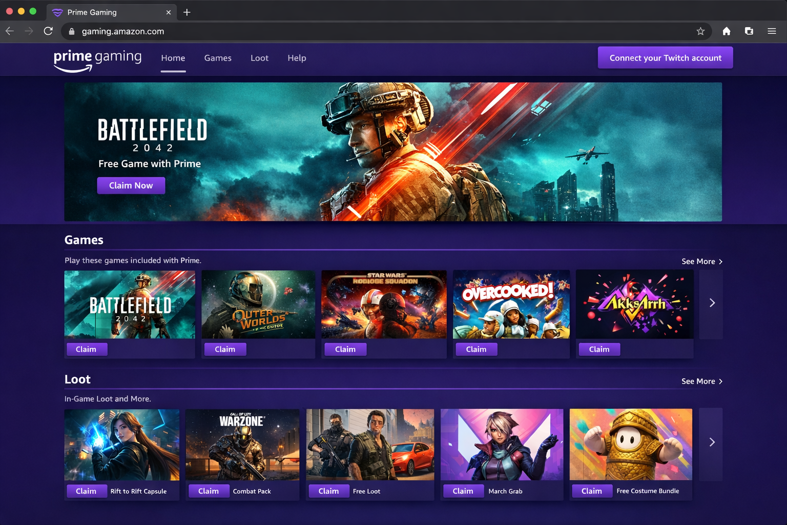 Prime Gaming portal homepage in signed-in state showing the Twitch account connection prompt or connected status, with the Games and Loot sections visible below
