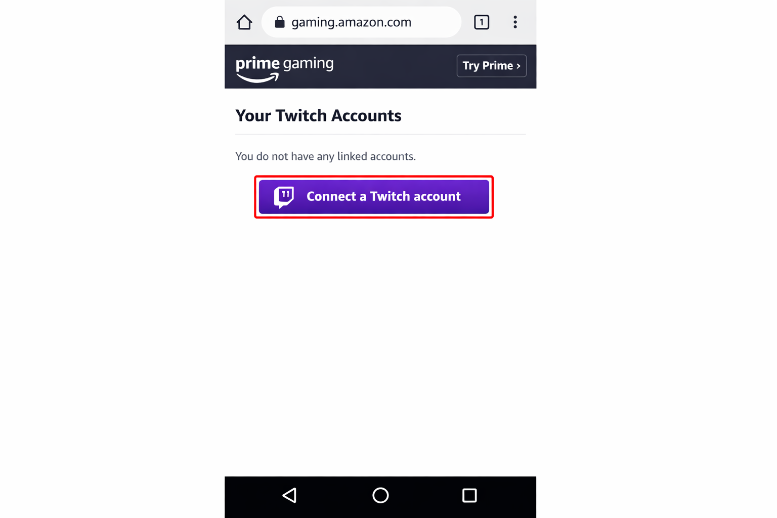Prime Gaming dashboard showing the Connect your Twitch account button or prompt before linking is complete