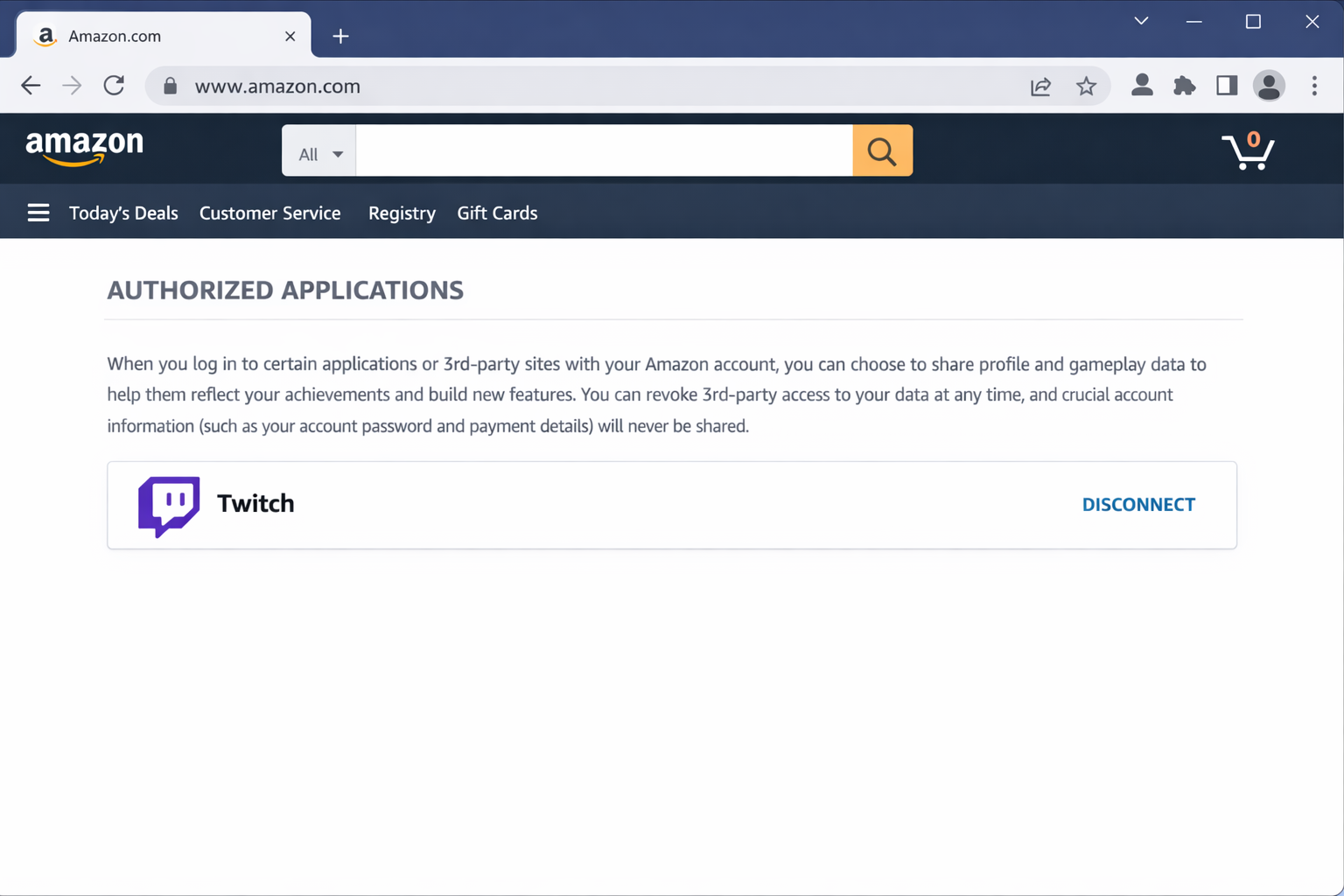 Amazon account Apps and Services page showing Twitch listed as a connected app, with the disconnect option visible