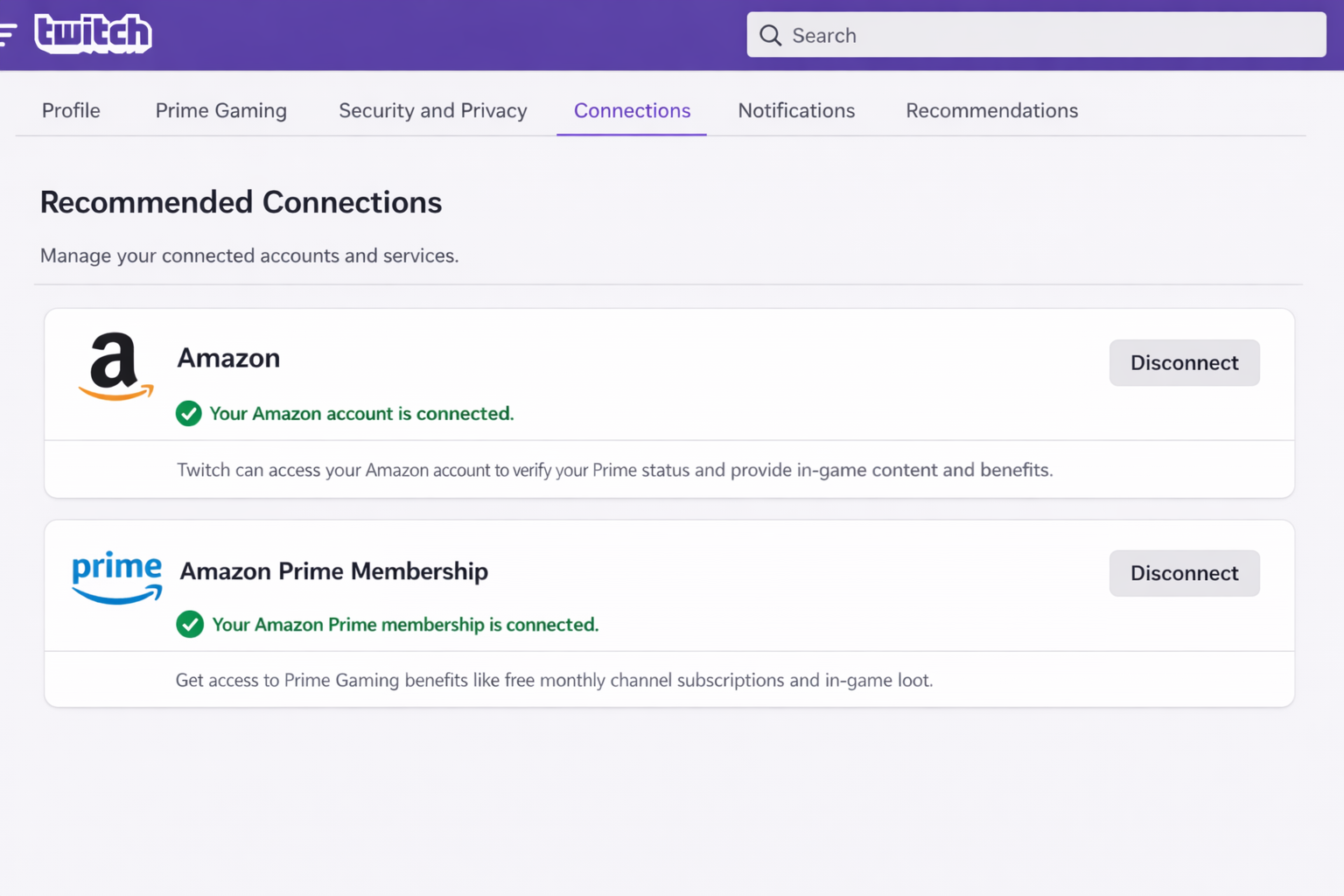 Twitch Settings Connections panel showing Amazon Prime Gaming listed as a connected account